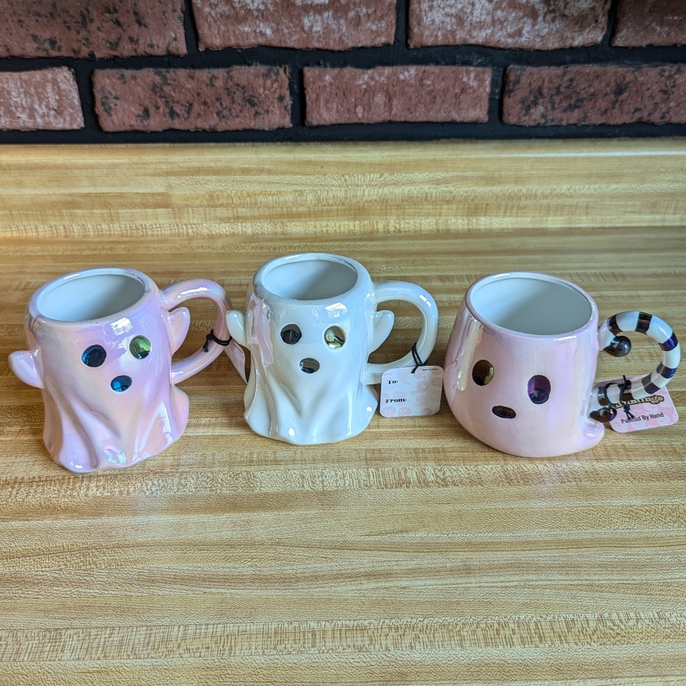 Ghost Mugs‎ 3 Piece Set - Halloween Iridescent Pink and White Ghosts
